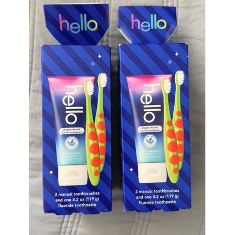 Hello Kids Toothpaste‎ & Toothbrush Set Blue Raspberry Dragon Dazzle 2pk NEW